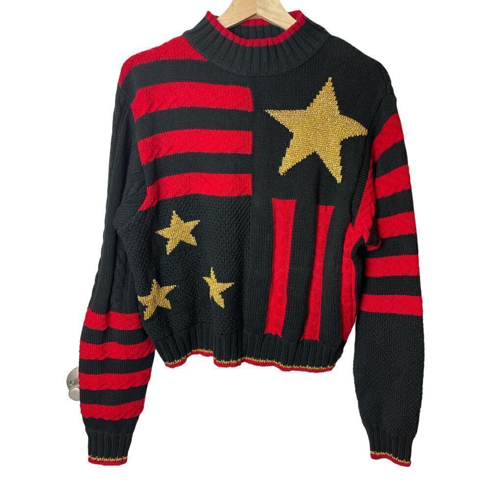 Vintage Liz Wear Black Red Gold Stripe Star Sweater Women's Size S